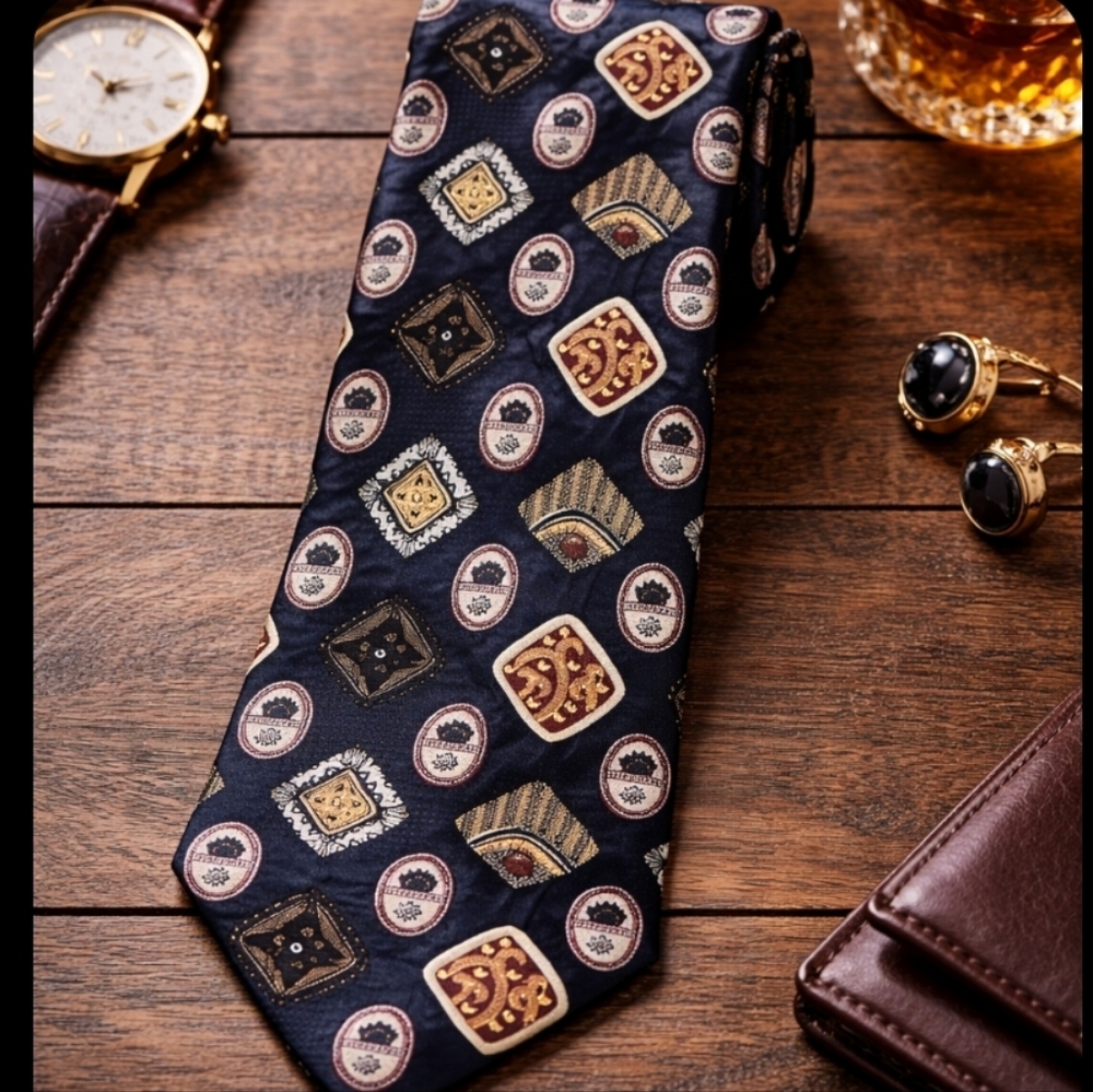 Retro Style Design 100% SILK Navy Blue Mens Necktie.